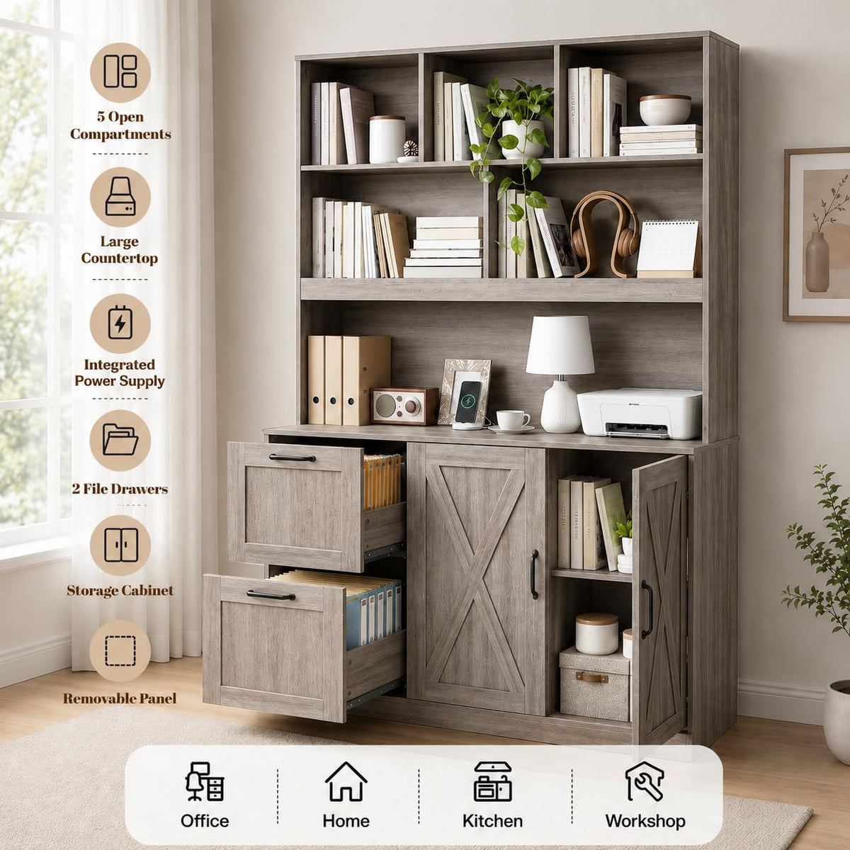 Bookshelf with File Drawers & Power Outlets