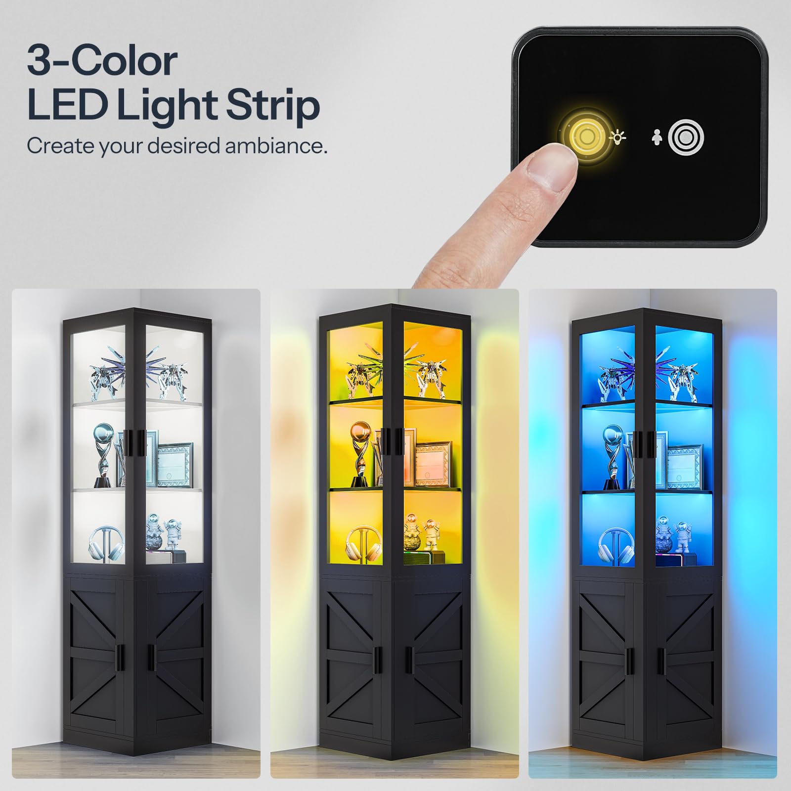 HOOBRO Corner Display Cabinet with Glass Doors，69.5" Glass Display Cabinet with LED Lights, Corner Storage Cabinets for Collectibles, Books, Modern Curio Cabinets Bookcase, Black BK01DDC01