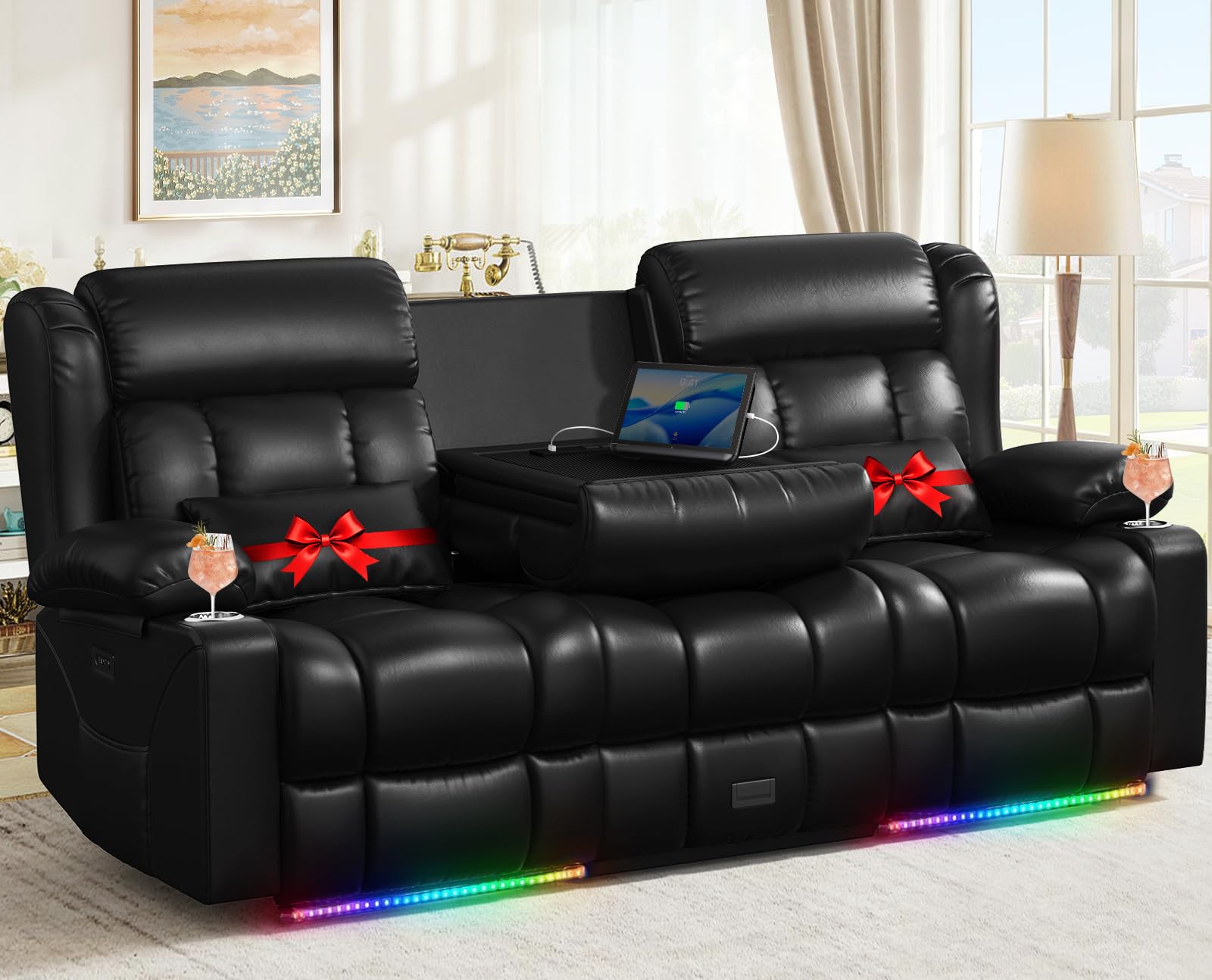Dresegmt Power Loveseat Recliner Sofa, Wall Hugger RV Reclining Loveseat Couch with Flip Middle Backrest Design, Large Storage Drawer, Power Home Theater Seating with Pillow, LED Light, Outlet (Black)