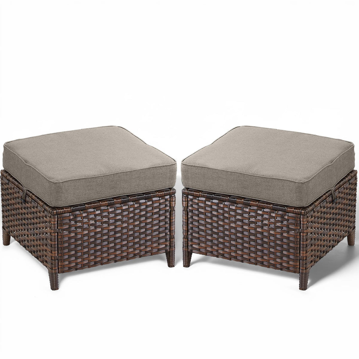 ACTREST Patio Ottoman Outdoor Wicker Side Table - 2PCS Multipurpose Heavy Duty All-Weather Brown Rattan Extra Seating Bench Footrest Footstool for Garden Back Porch Poolside Apartment - Grey