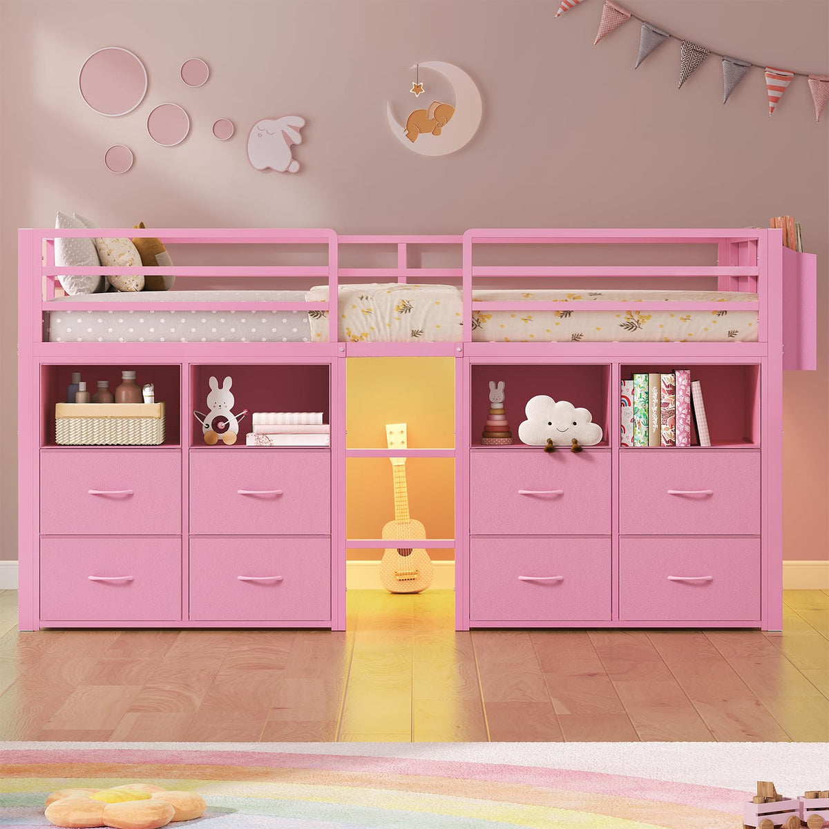 ADORNEVE Low Loft Bed Twin Size with 8 Storage Drawers for Kids, Pink
