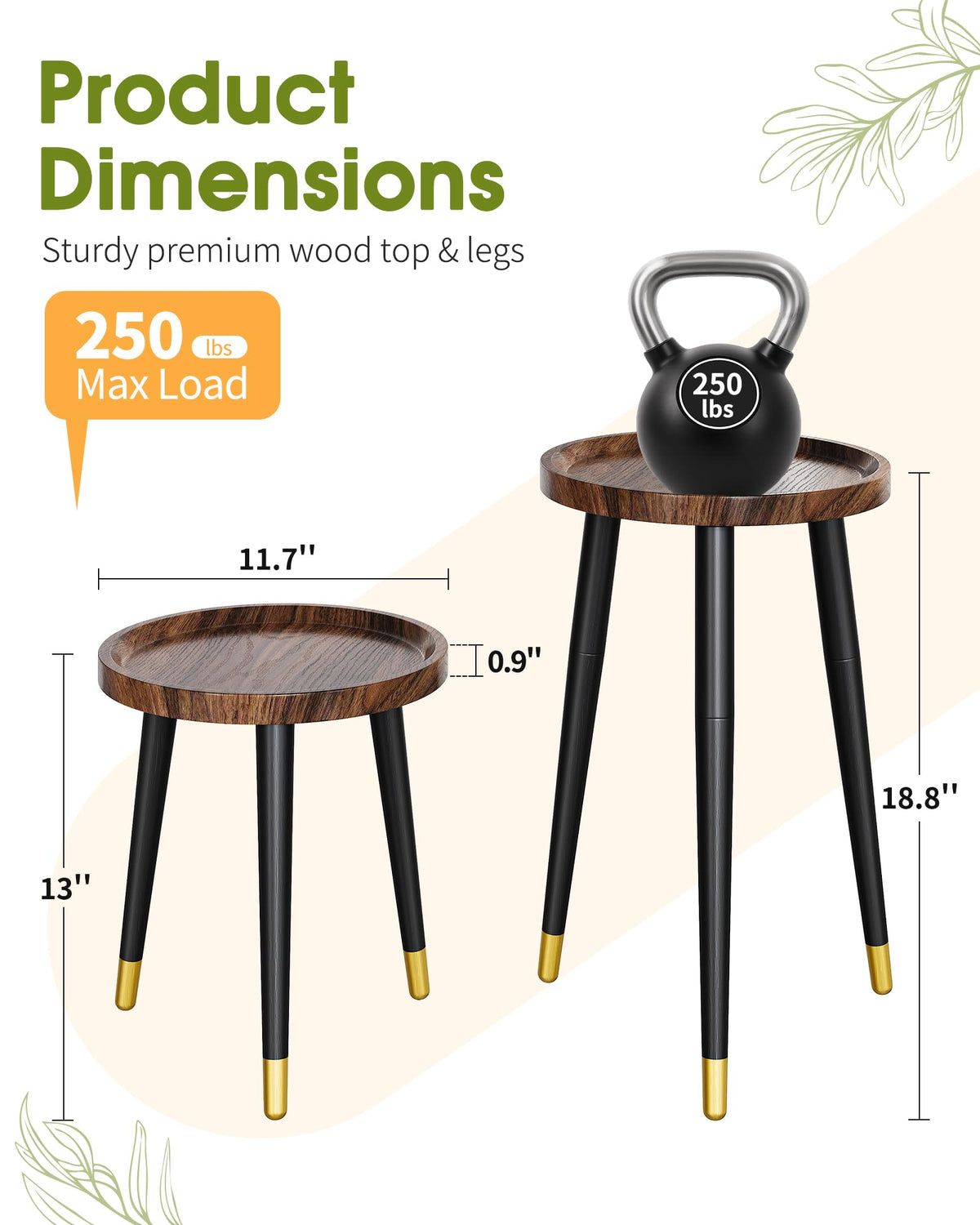 AZADESJET Plant Stand Indoor 2 Pack, Mid Century Wood Indoor Plant Stands, Tall Plant Holder for Flower Pot, Modern Plant Table Round Side End Table With Raised Design, Walnut, 11.7"x18.8" & 11.7"x13"