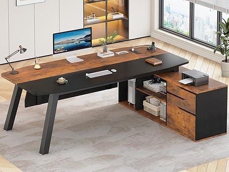 L-Shaped Executive Desk with File Cabinet & Power Outlets