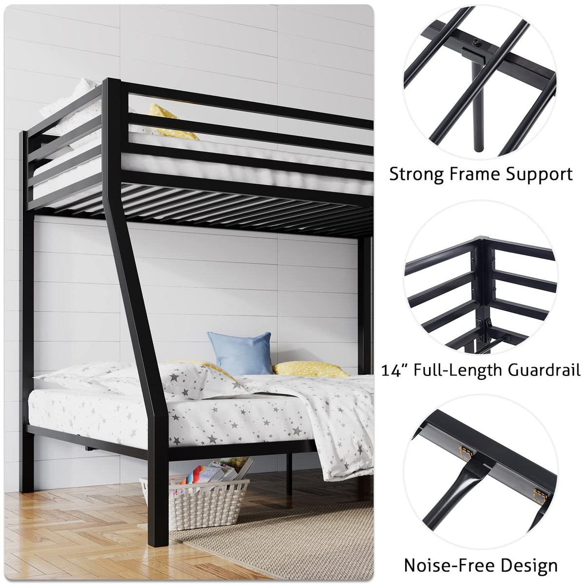 SHA CERLIN Bunk Bed Twin Over Full Size with Ladder and Guardrail,Black