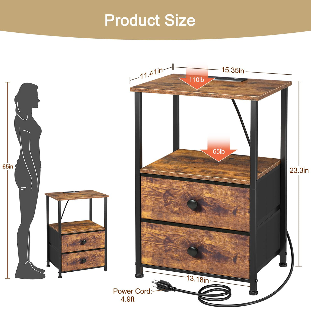 LOAKEKEL Nightstands Set of 2, Night Stand with Charging Station