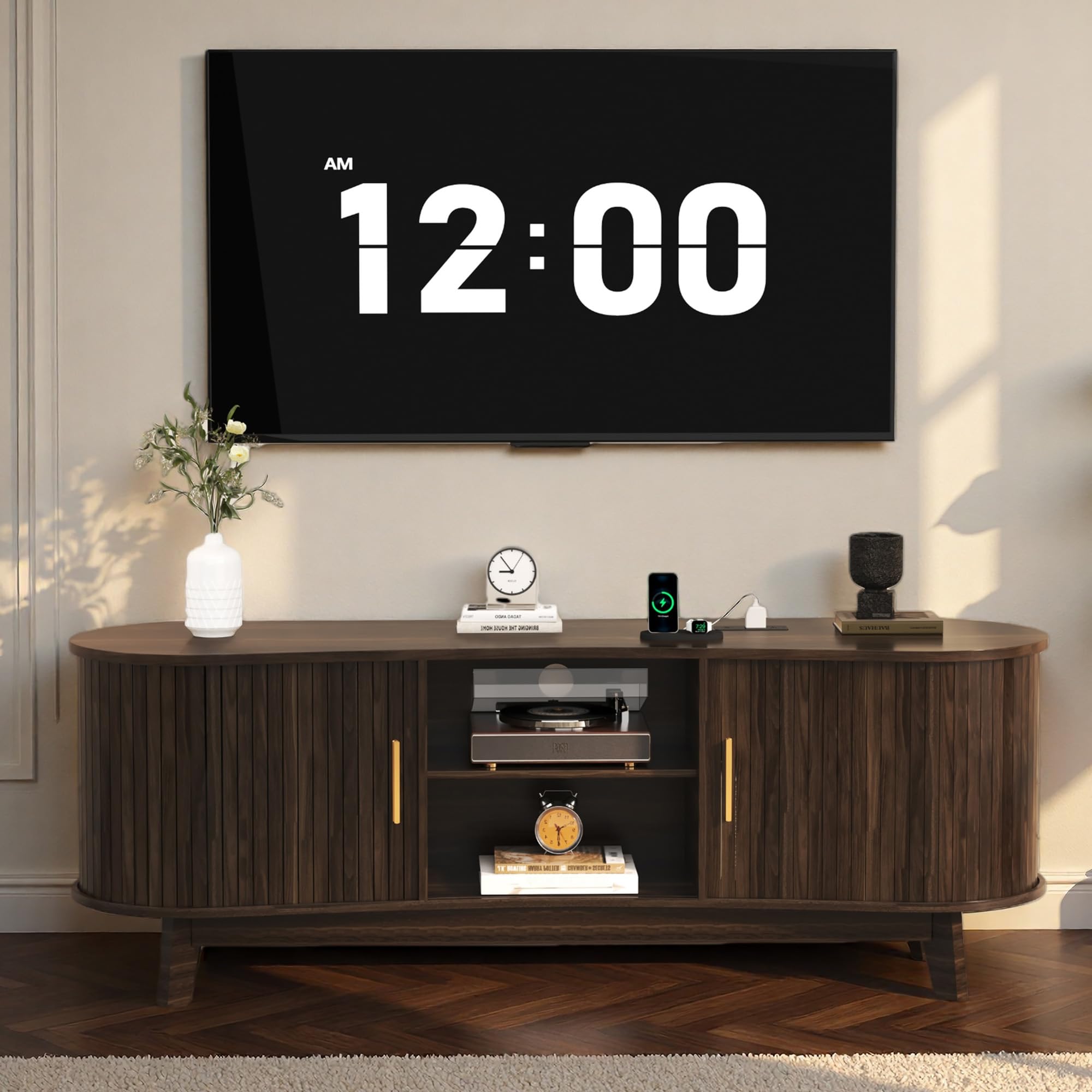 59" Mid-Century TV Stand with Sliding Doors & Power Outlets