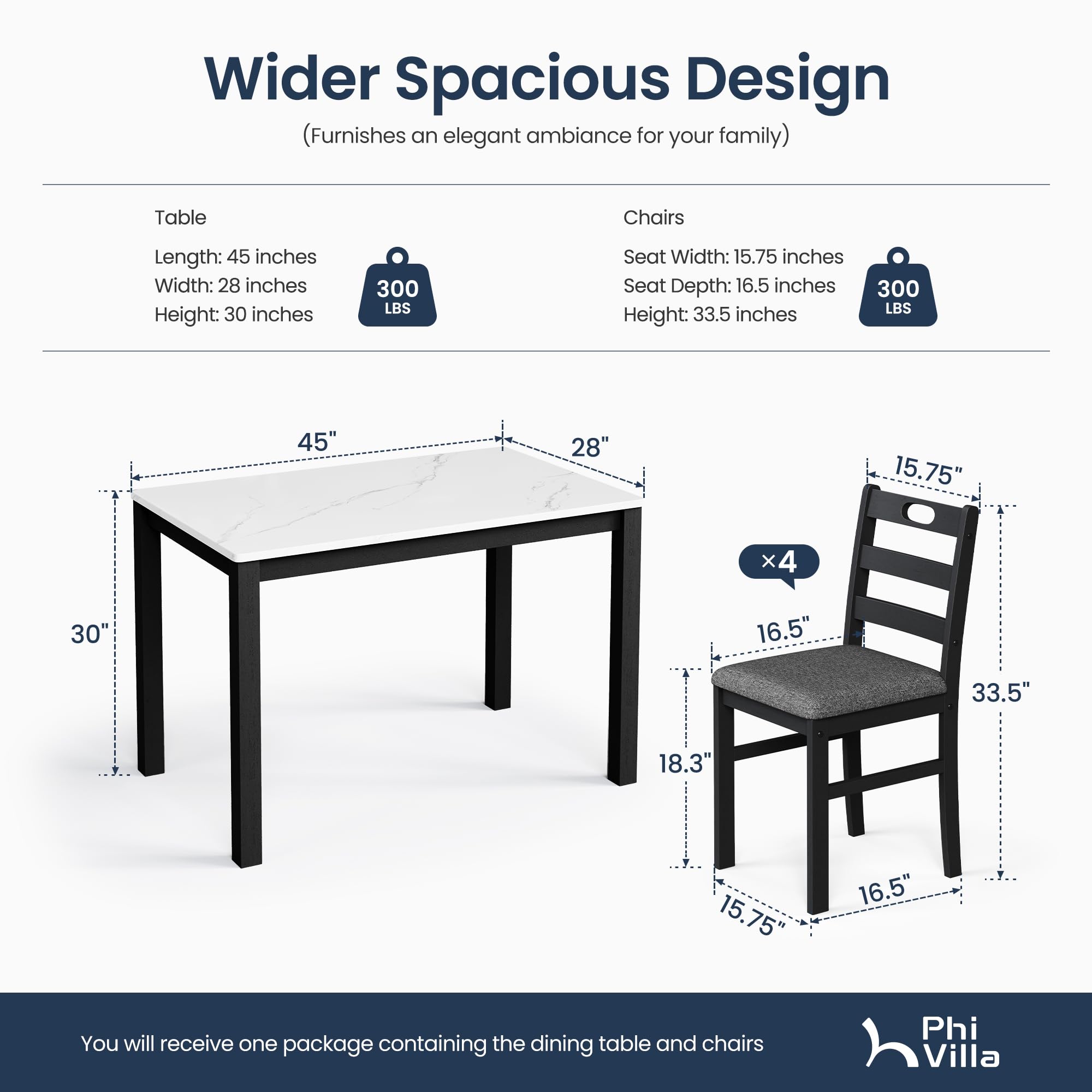 5-Piece Solid Wood Dining Table Set with Faux Marble Top