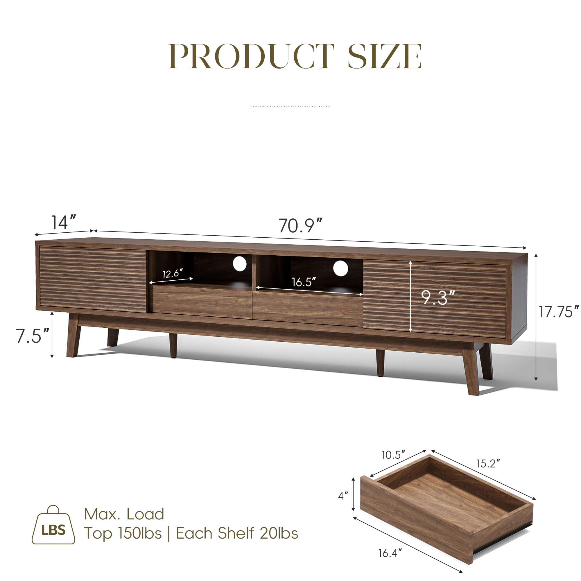 MU 70 Inch TV Stand for TVs up to 80 Inch, Mid Century Modern TV Console with Fluted Sliding Doors, Shelves & Drawers, Low Profile Entertainment Center for Living Room (Walnut, 70")