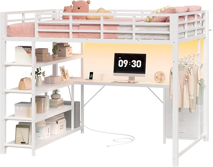 Metal Loft Bed with Desk & Storage