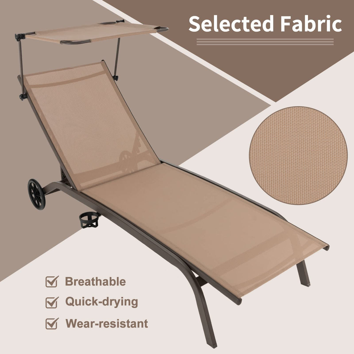 GIANTEX Set of 2 Outdoor Chaise Lounge Chair, Tanning Chair with Sunshade, Smooth Wheels, 6-Level Adjustable Position, Cup Holder, Metal Frame, Patio Chaise Lounge for Sunbathing, Yard, Poolside (2)