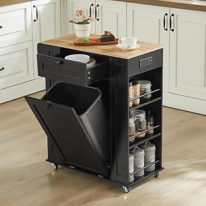 Rolling Kitchen Island with Trash Cabinet & Power Outlet