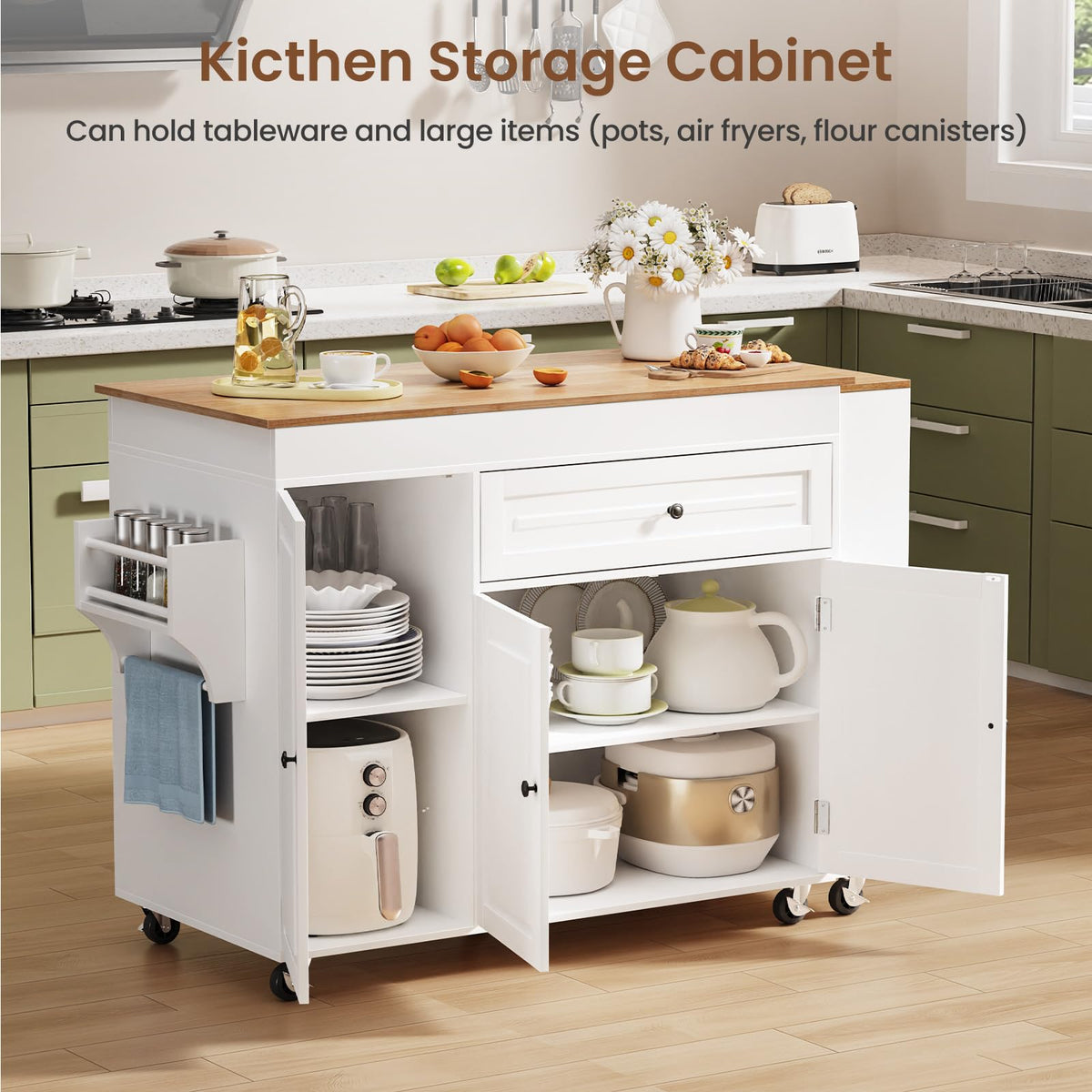 Rymeera Expandable Kitchen Island with Storage Drawer and Wheels, White