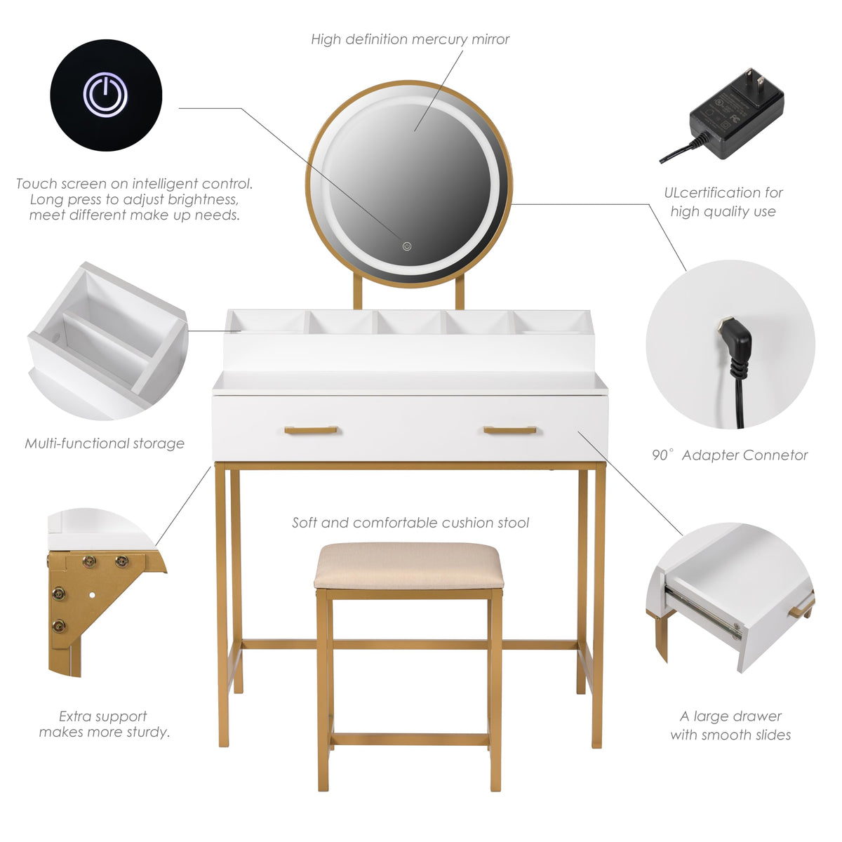UTEX Makeup Vanity Desk Set with Mirror and Lights White and Gold