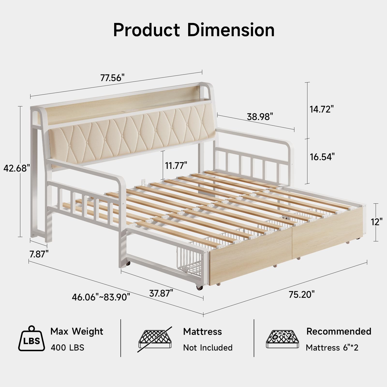 ONBRILL Twin Daybed with Trundle, Twin to King Daybed with Pop up Trundle, Metal Twin Day Bed Frame with Storage Drawers, Upholstered Headboard & Power Outlet for Living Room & Guest Room, White