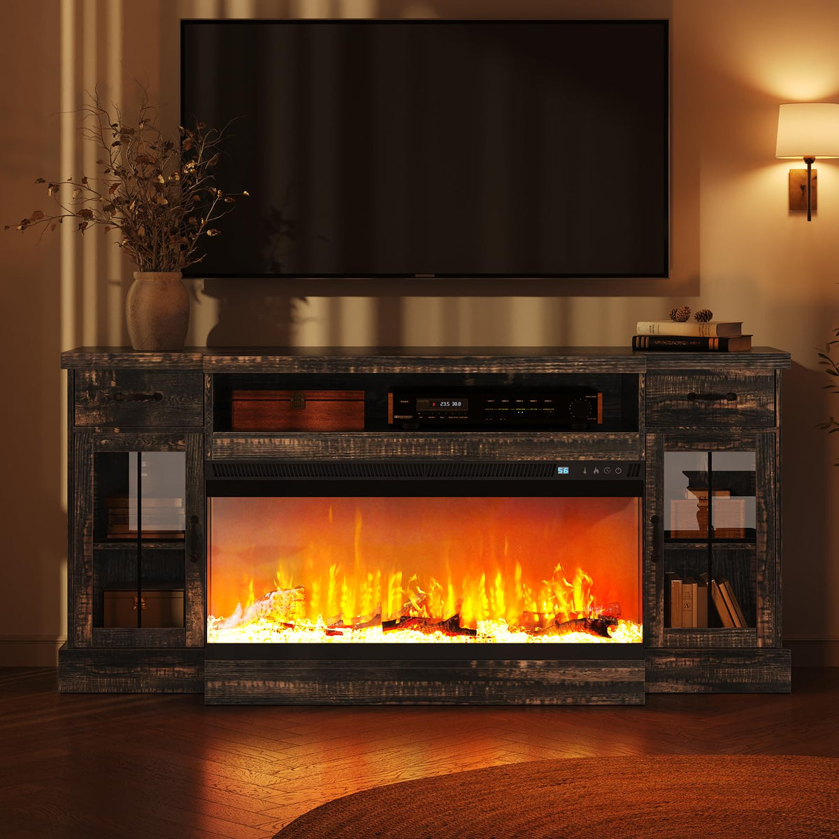 4 EVER WINNER 70" Fireplace TV Stand for TVs Up to 80", Farmhouse Entertainment Center with 3-Sided Glass Electric Fireplace, 2 Drawers, Storage Cabinets & Adjustable Shelves, Rustic Oak