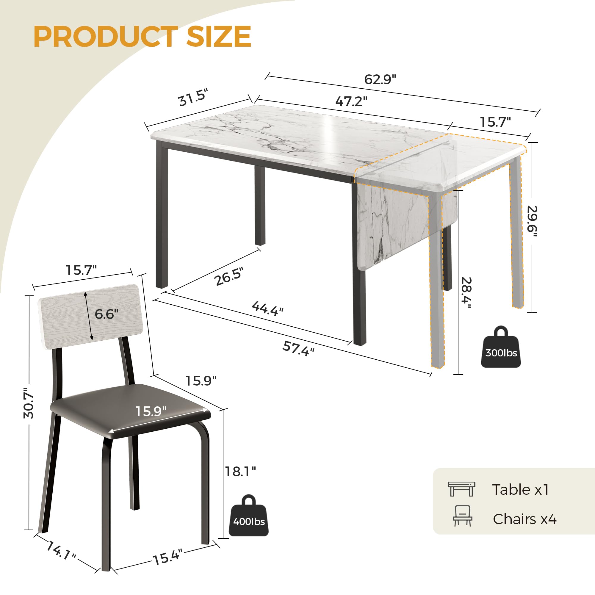 Extendable Dining Table Set with 4 Upholstered Chairs
