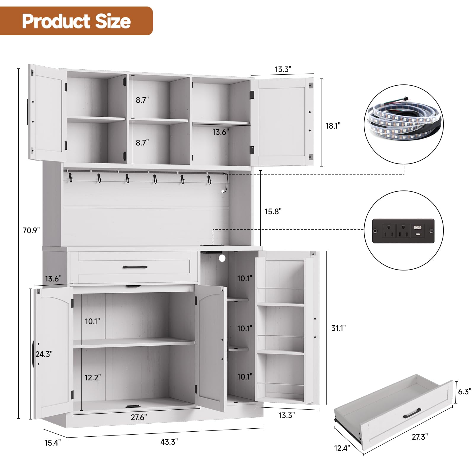 ONBRILL 71" Pantry Cabinet, Kitchen Pantry Storage Cabinet with LED Light & Outlet, Kitchen Hutch with Microwave Shelf & 6 Hooks, Door Shelves & Drawer & Adjustable Shelves, for Dining Room