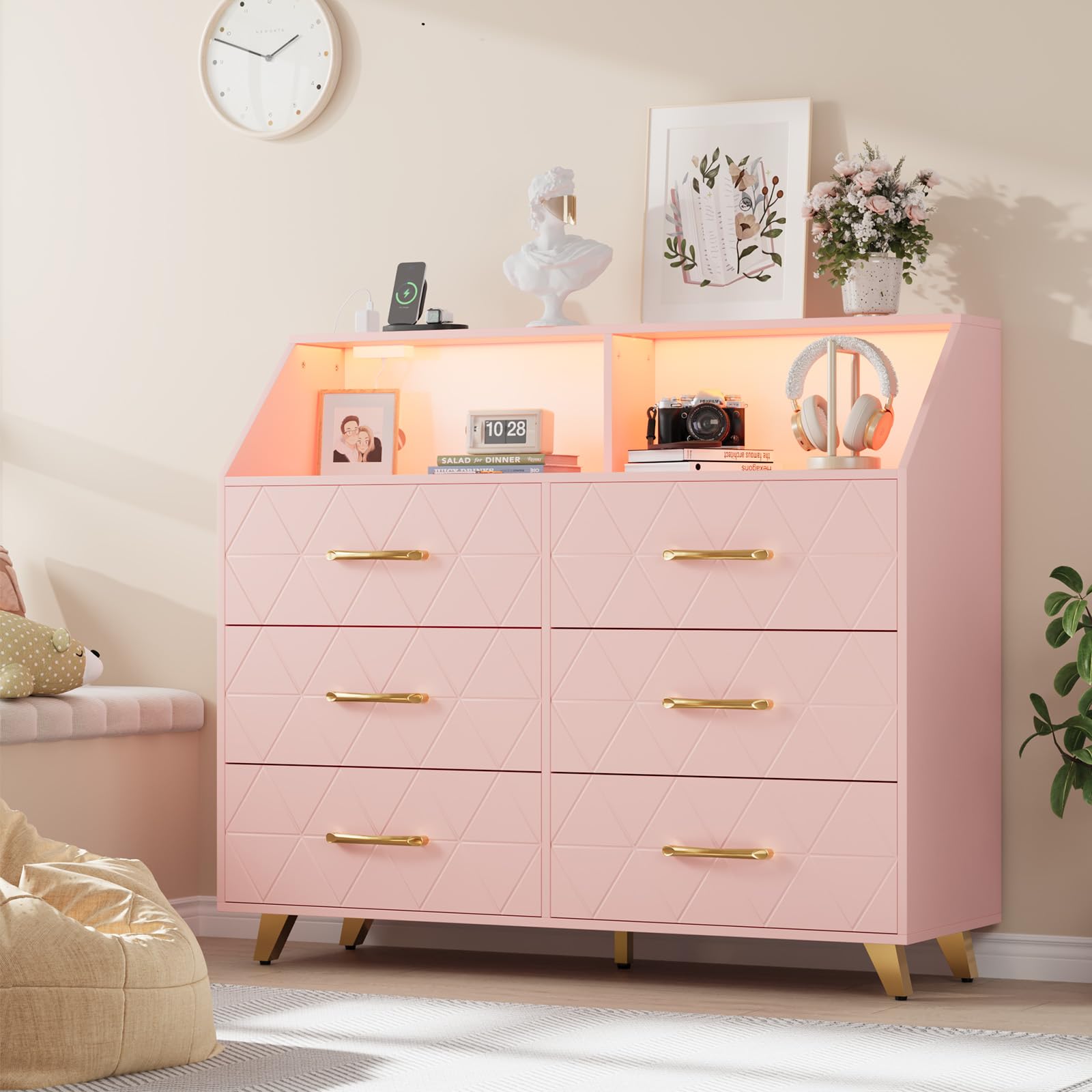 Hetoy 6 Drawer Wooden Dresser with LED Light and Charging Station,Modern Chest of Drawers with Open Shelves & Gold Handles, Versatile Storage Cabinet for Bedroom, Living Room, Hallway