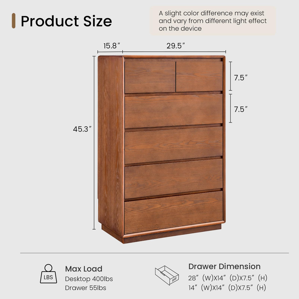 SUCSSRICH Solid Wood Dresser, 45.3" Tall Mid Century Modern Dresser, Brown