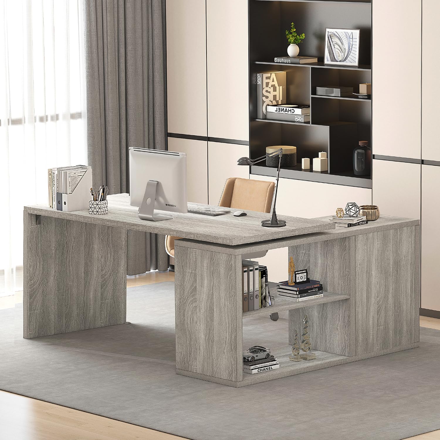 L-Shaped Corner Desk with Storage Shelves & Cabinet