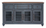 Bridgevine Home Americana Farmhouse Server Cabinet – 66” Wood Buffet Sideboard with Glass Doors, 3 Drawers & 4 Door Storage, Fully Assembled Dining Room Cabinet, Two-Tone Finish, Soft-Close Hinges