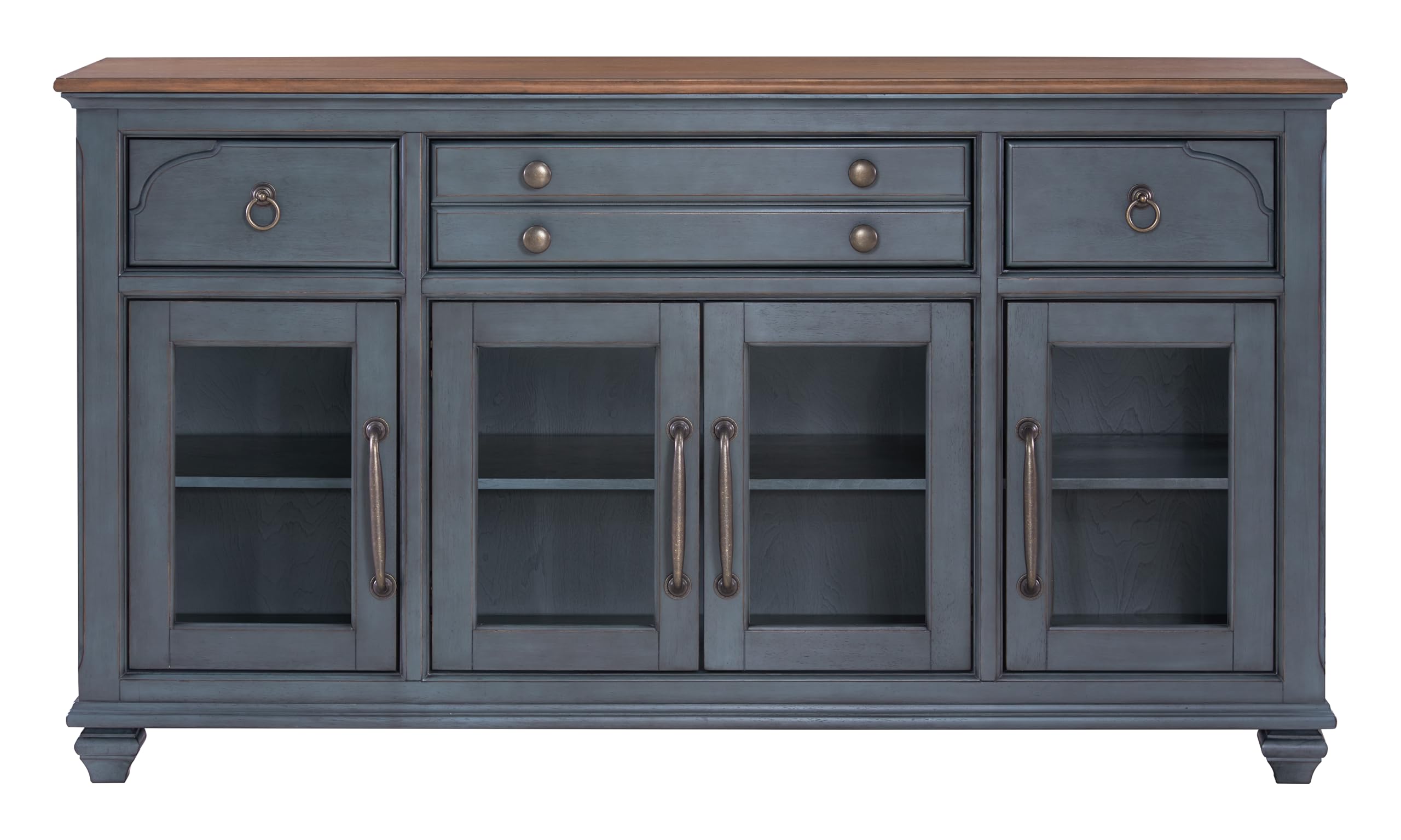 Bridgevine Home Americana Farmhouse Server Cabinet – 66” Wood Buffet Sideboard with Glass Doors, 3 Drawers & 4 Door Storage, Fully Assembled Dining Room Cabinet, Two-Tone Finish, Soft-Close Hinges