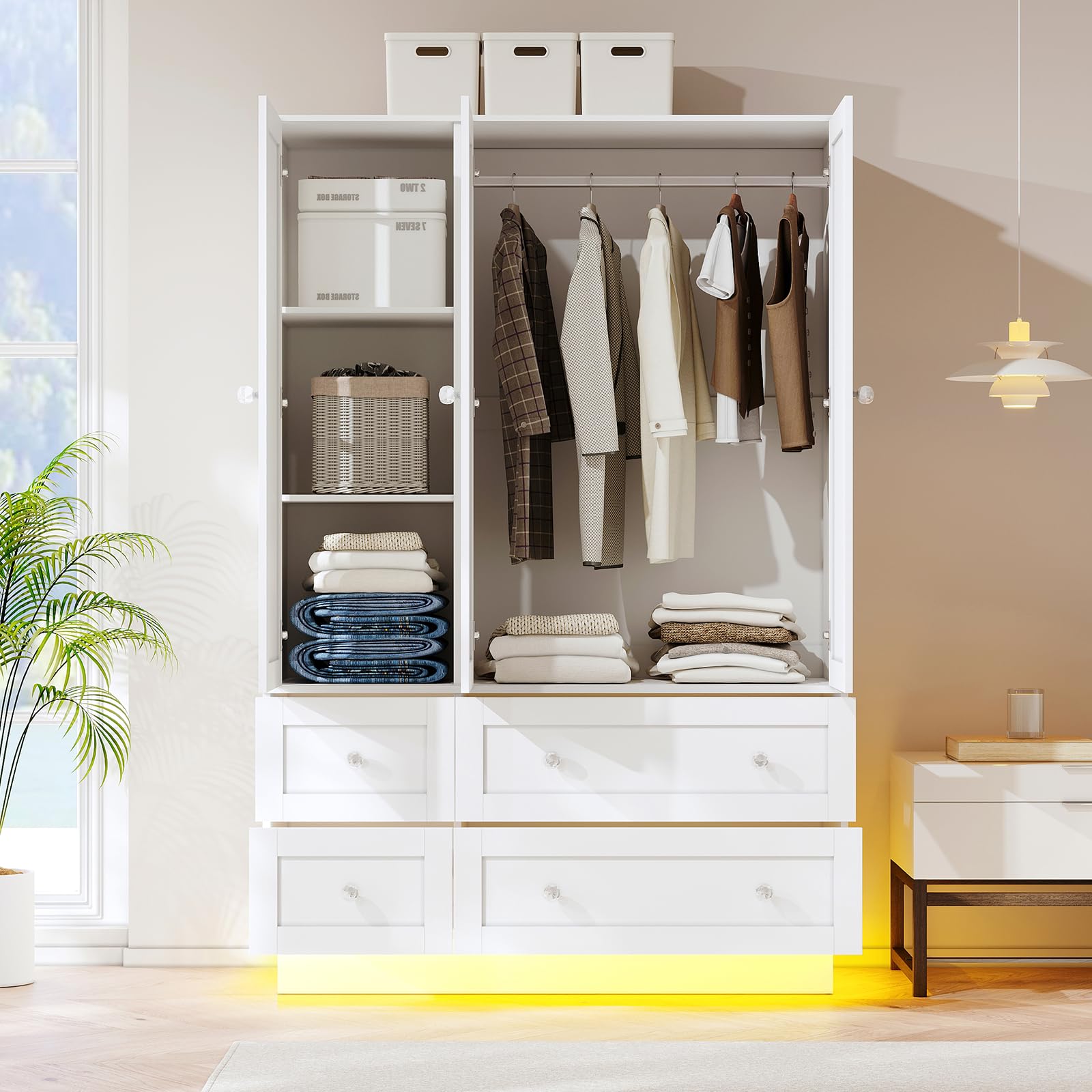 Wardrobe Closet with Mirror, LED Light & 4 Drawers
