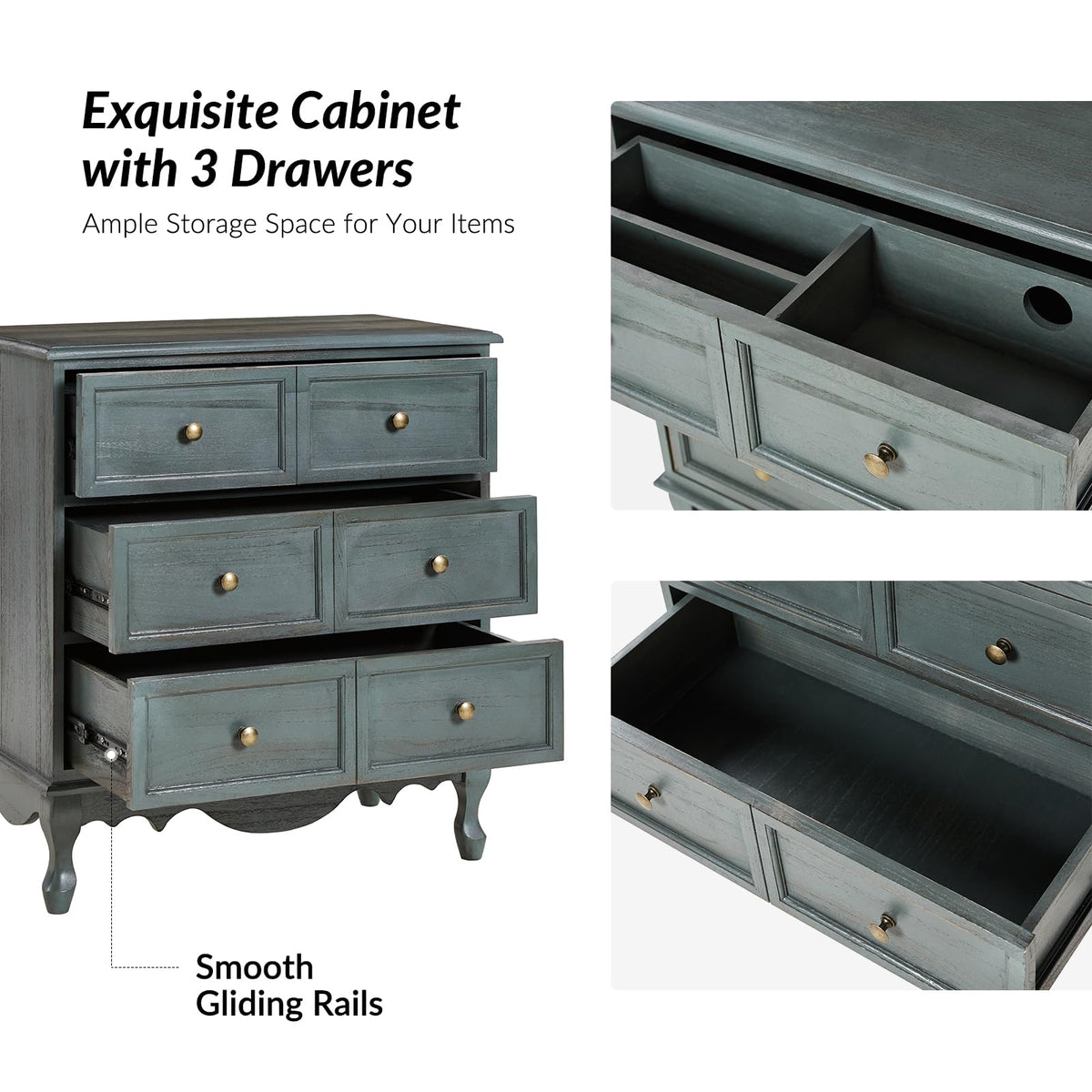 HULALA HOME 3-Drawer Nightstand with Charging Station, Set of 2 Blue