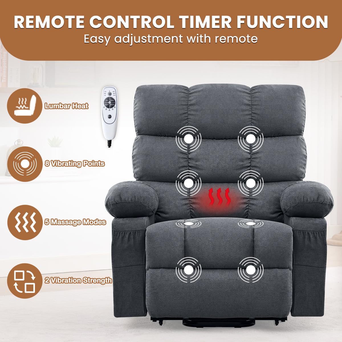 BOSMILLER Electric Power Lift Recliner Chair Sofa with Massage and Heat for Elderly,Lift Chair with Cup Holders Side Pockets for Living Room