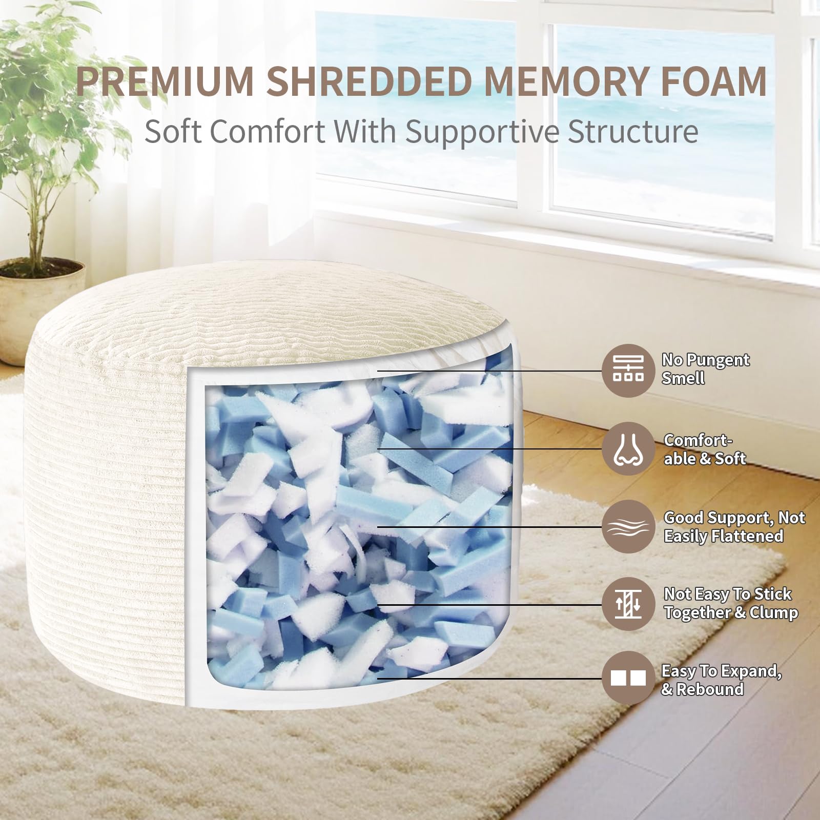 Large Round Corduroy Pouf Ottoman with Memory Foam Filling
