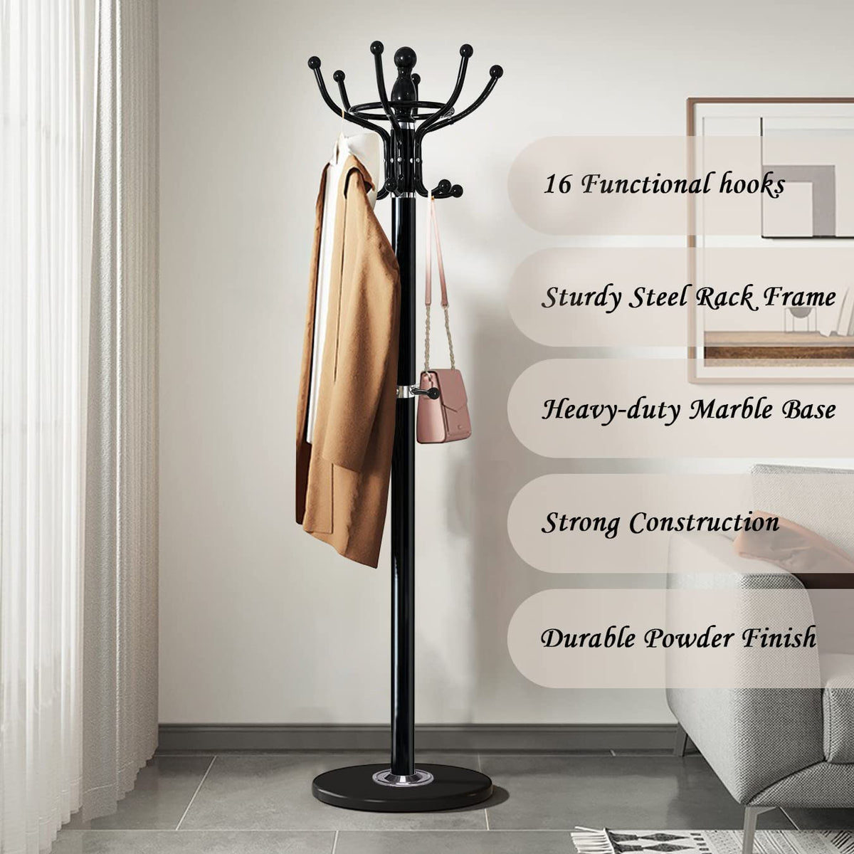 16-Hook Coat Rack with Marble Base