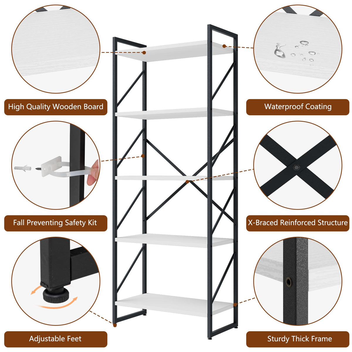 Shintenchi 2 Pieces 5 Tiers Bookshelf, Classically Tall Bookcase Shelf