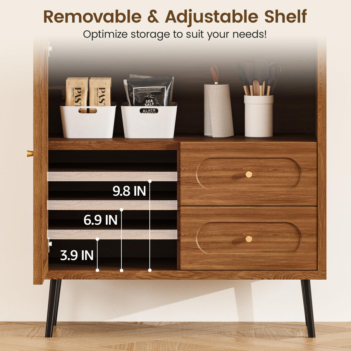 Regmuse Wood Sideboard Cabinet - Slim Buffet Cabinet with Storage & Drawers