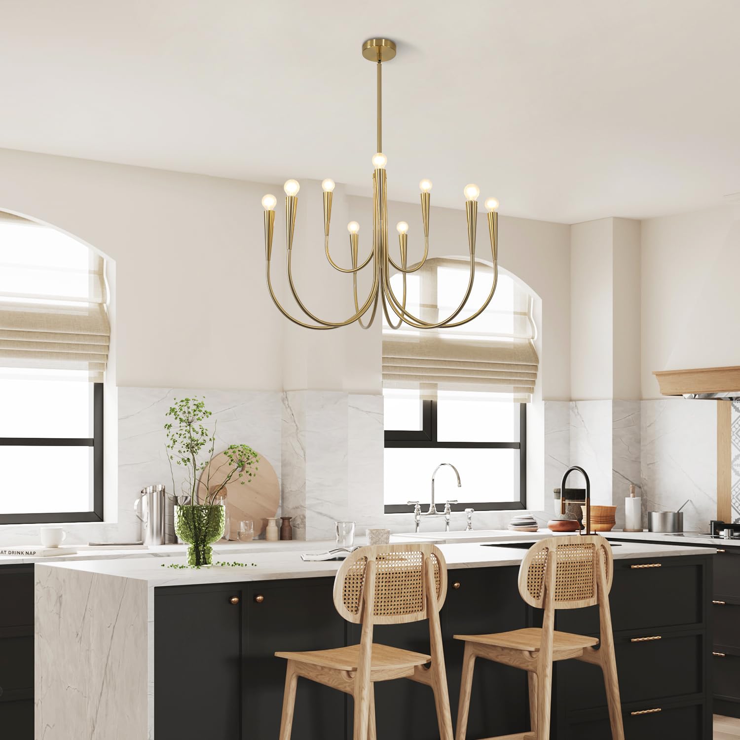 Magiroz 9 Light Modern Farmhouse Gold Candle Chandelier Light Fixtures Large Vintage Brass Metal Candle Pendant Lighting Rustic Industrial Candlestick Chandelier Hanging Dining Room Light MPL26-9 GD