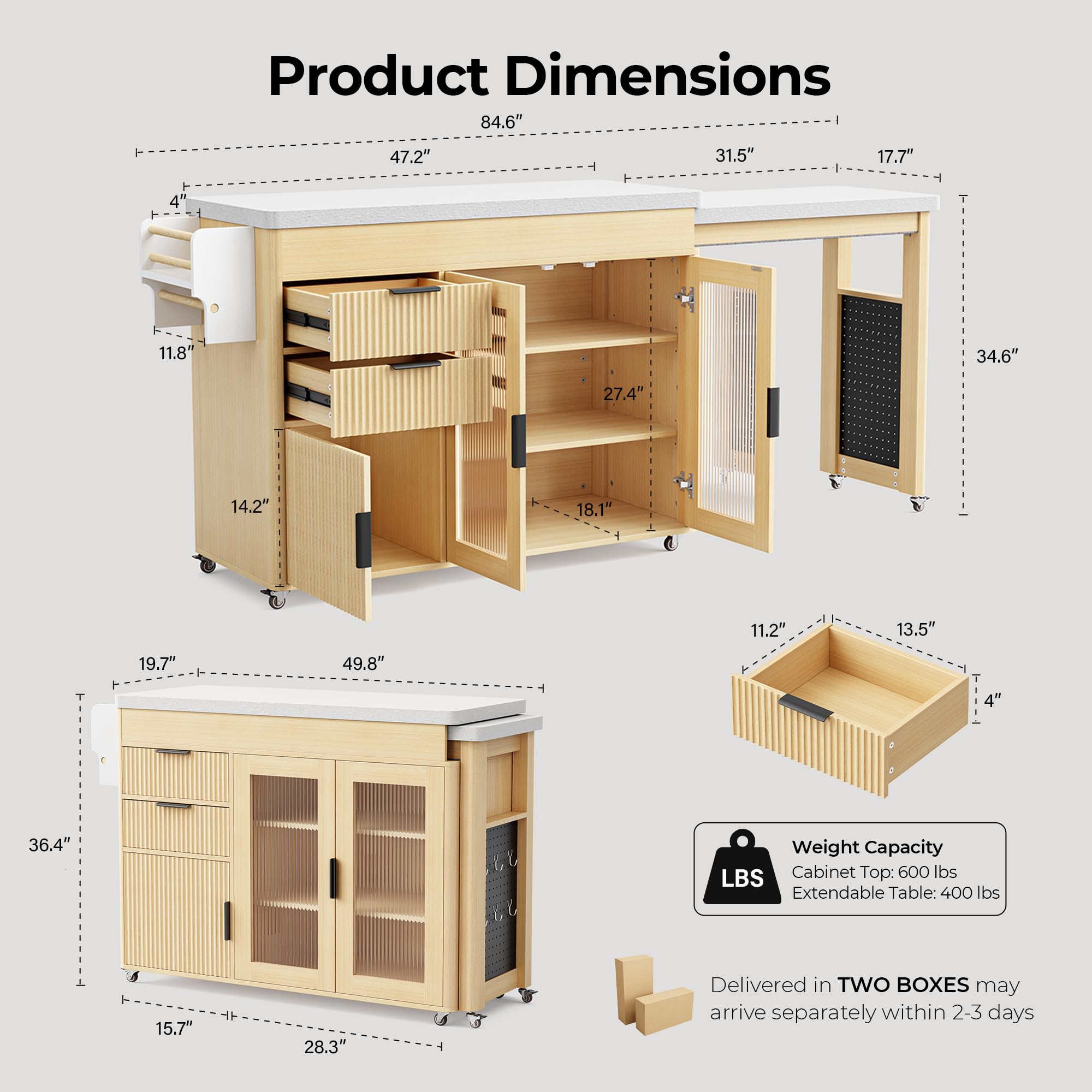 Expandable Kitchen Island with Dining Table & Storage