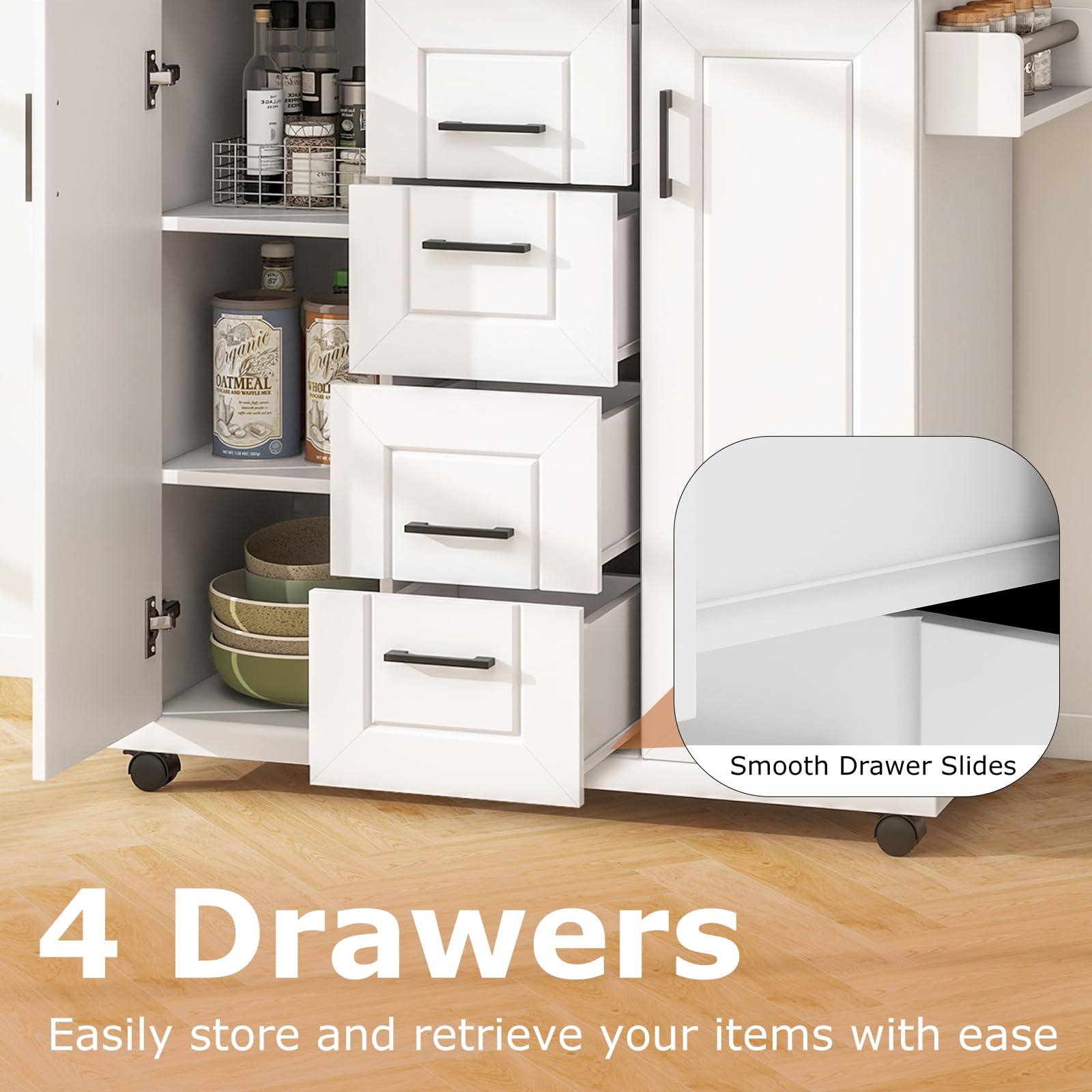 GOFLAME Kitchen Island Cart on Wheels, Rolling Kitchen Cart with Storage Cabinets, 4 Drawers, Towel Rack and Spice Rack, Mobile Serving Trolley Cart for Kitchen, Dining Room, White