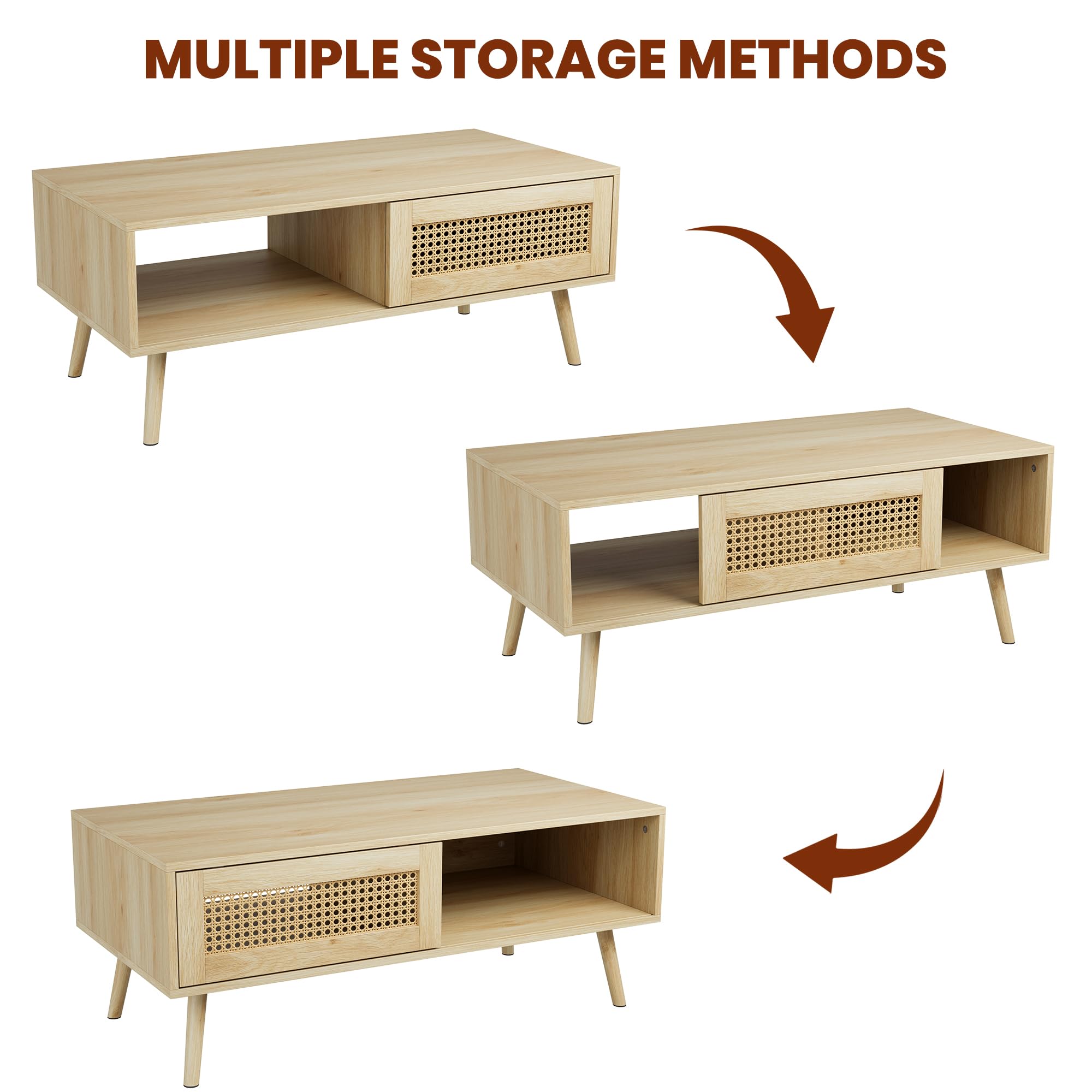 IDEALHOUSE Living Room Table Sets of 2, Includes 47" Rattan TV Stand Storage Cabinet for 55" TV, Farmhouse Coffee Table with Storage Shelf for Bedroom