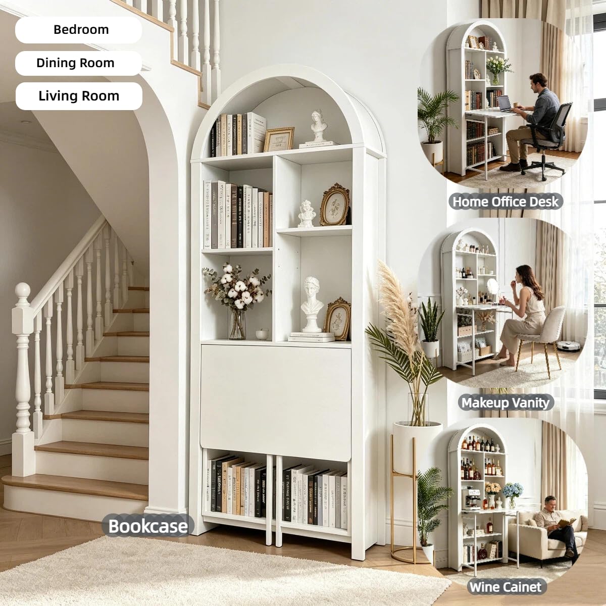 FNK Folding Arched Bookshelf Narrow Bookcase with Hideaway Craft Desk