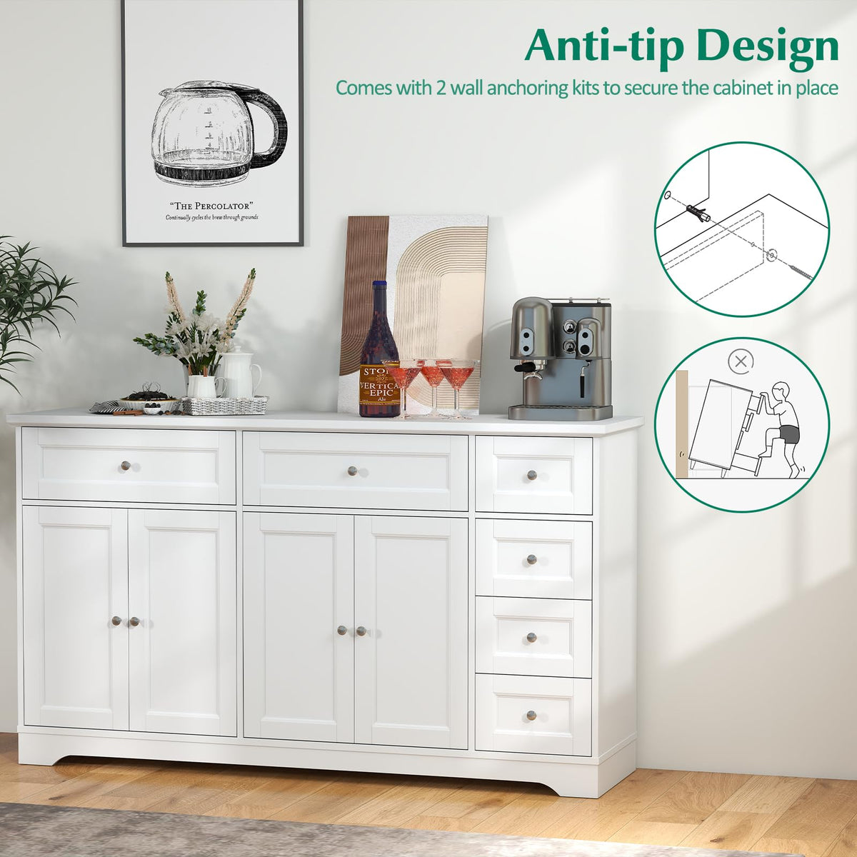 White Buffet Sideboard with 6 Drawers