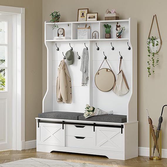 60IN Hall Tree with Bench, Shoe Storage & Mirror