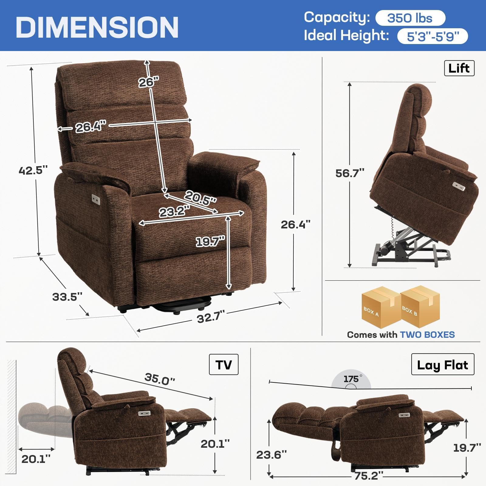 Tami Tami Dual Motor Lay Flat Power Lift Chair Recliner for Elderly with Massage and Heat, Electric Lift Recliner with Infinite Position, USB A&C (T6011 - Chenille, Brown)