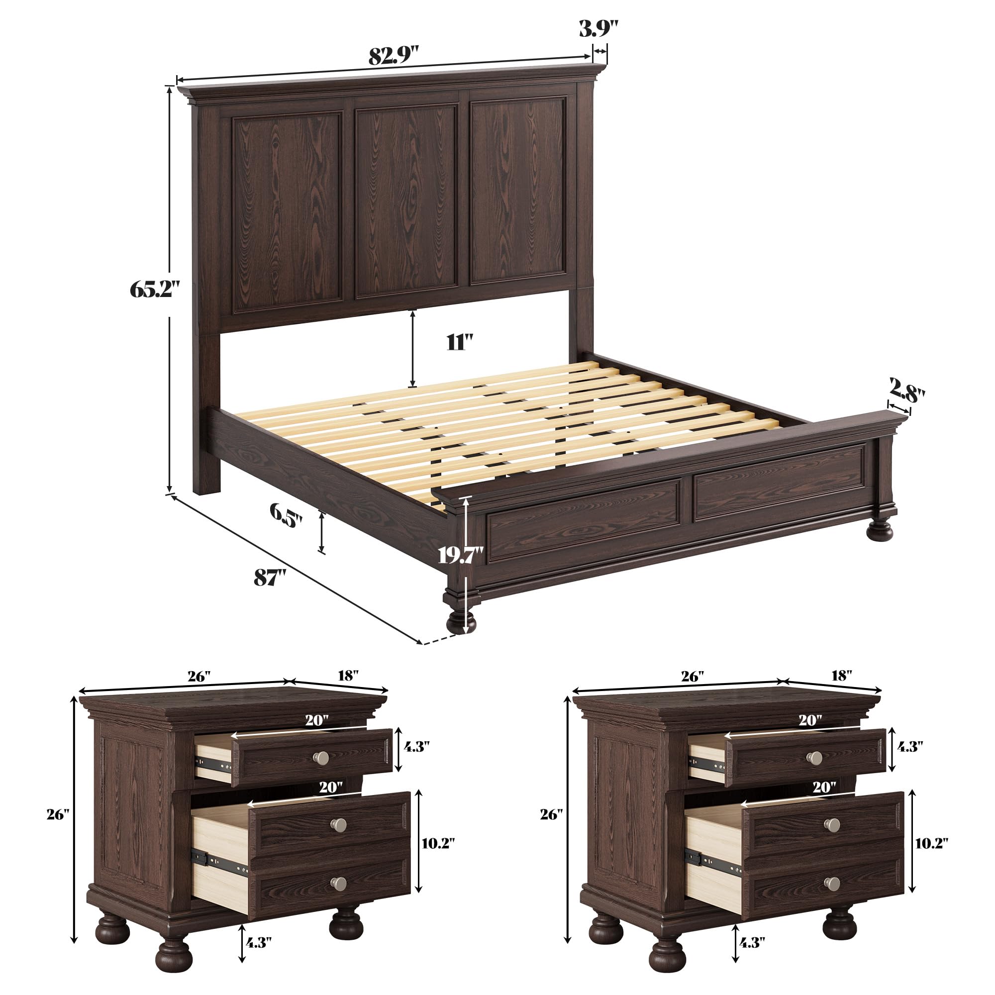 Solid Wood 3-Piece Bedroom Set with High Bed Frame & Nightstands – Dark Brown