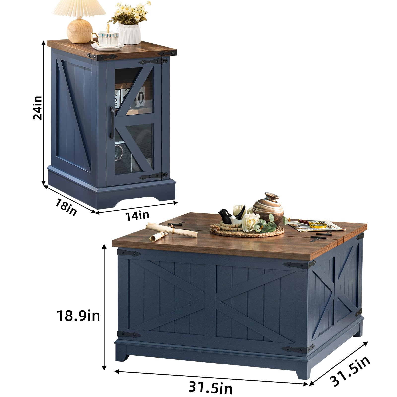 Farmhouse Coffee Table Set with Nightstands & Hidden Storage