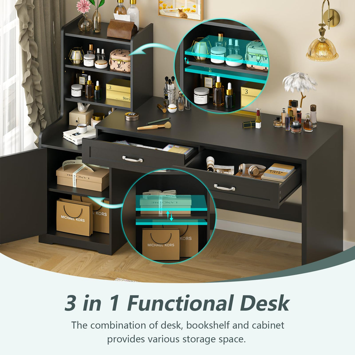 60" Computer Desk with Drawers & Bookshelves for Bedroom, Home Office