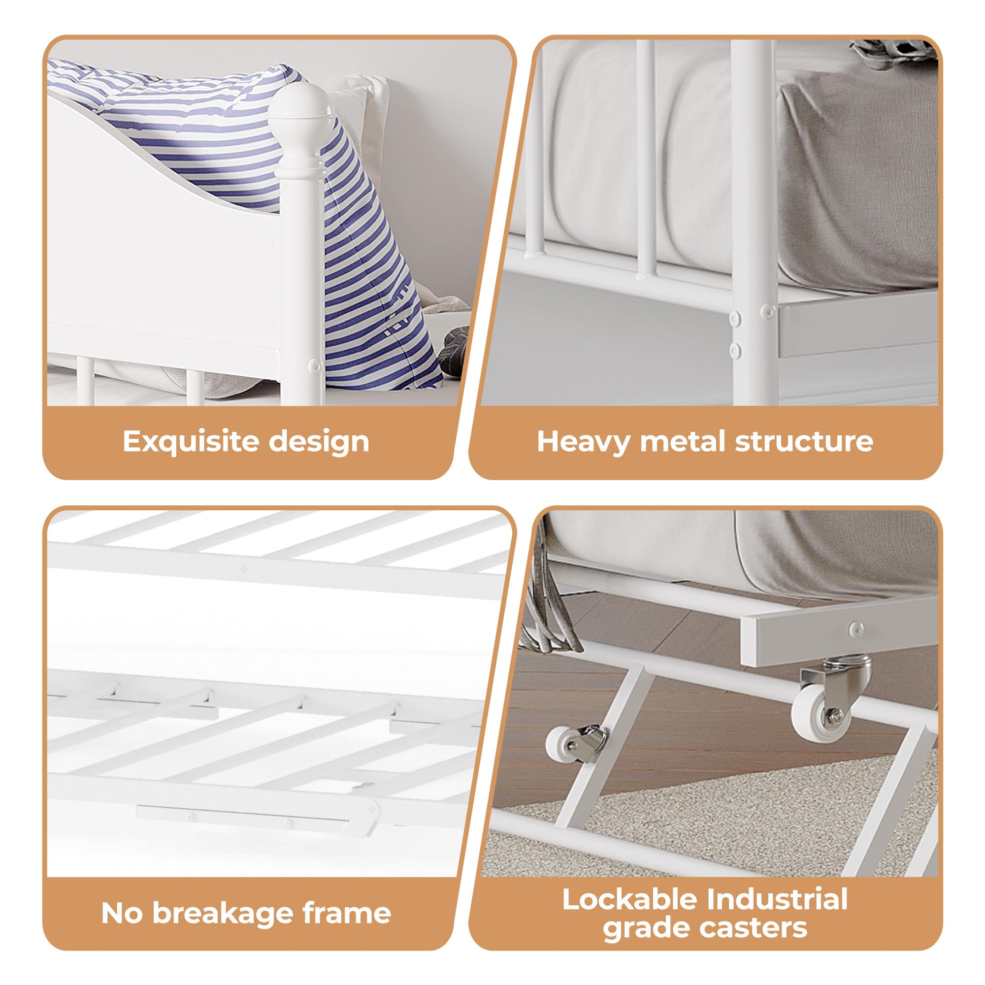 Daybed with Trundle, Metal Twin Size Day Bed with Stylish Headboard, Sofa BedFrame with Pop Up Foldable Trundle Bed, Heavy Duty Steel Slats Platform for Living Room, Bedroom and Guest Room, White