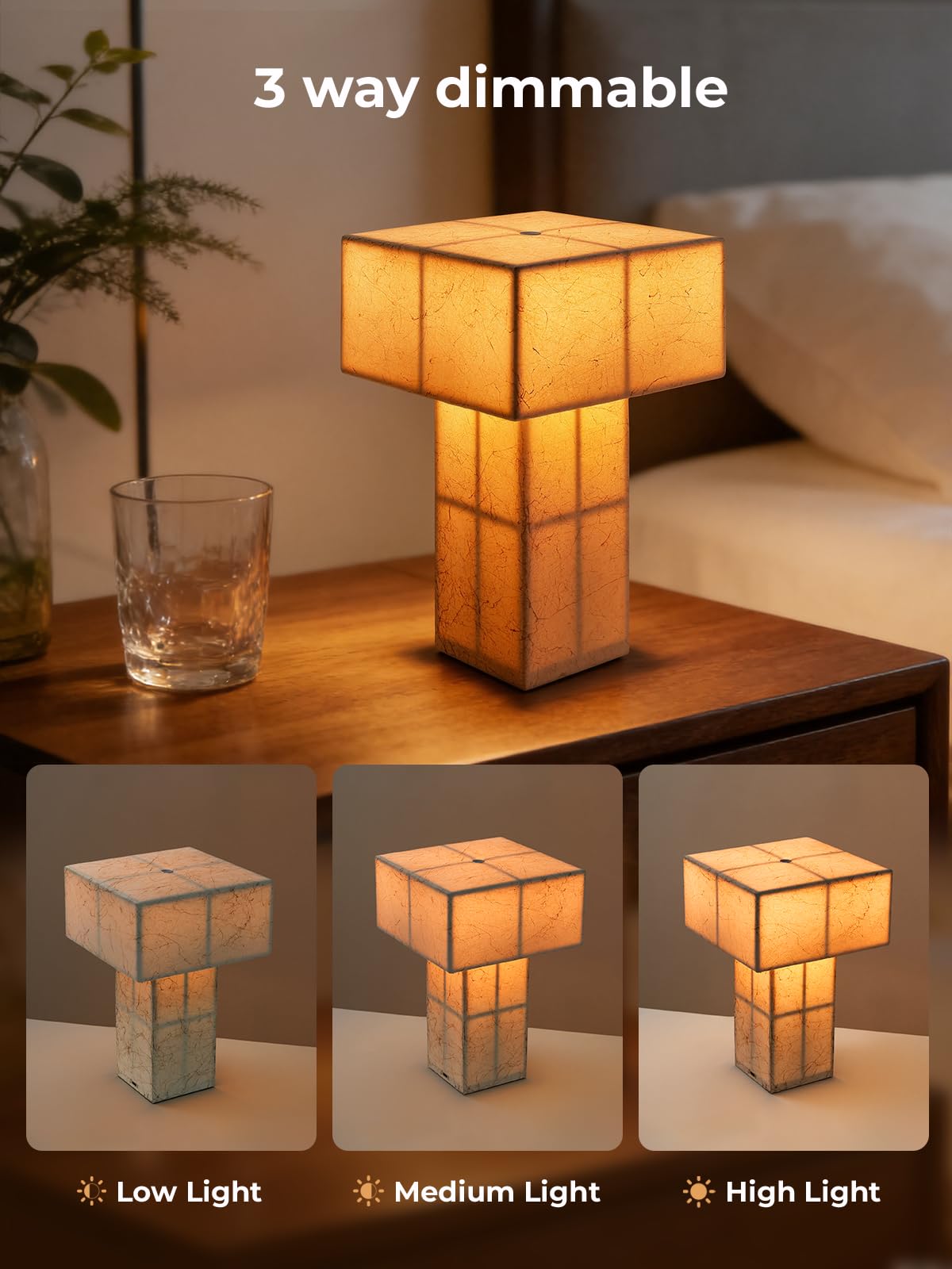 INSSKY 9.1''Mid Century Modern Table Lamp,Handmade Bedside Lamp with Dimmable,Cordless Rechargeable Lamp for Home Decor,LED Ambient Lighting for Nightstand,Living Room,Bedroom,Bulb Included(Yellow)