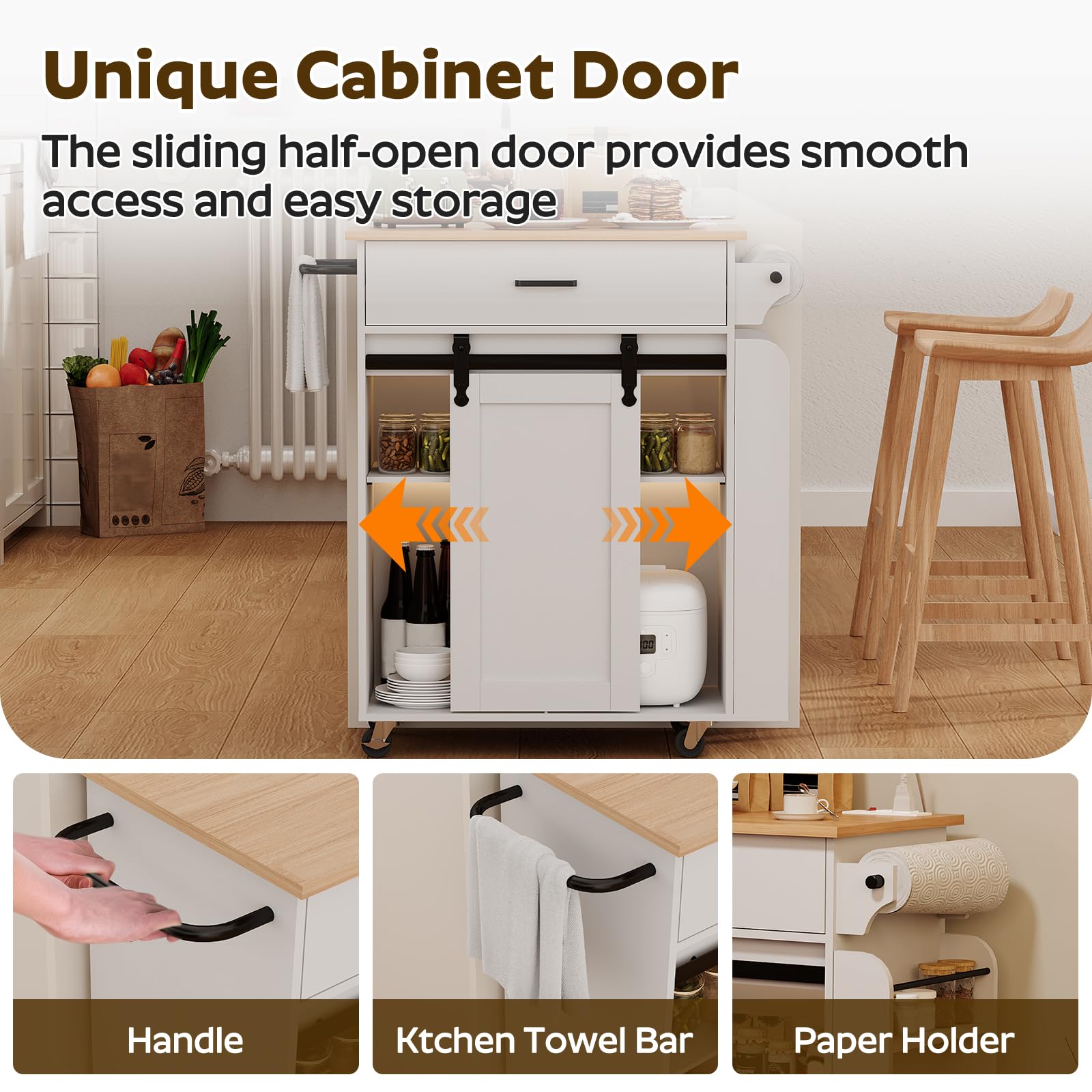 YATINEY Kitchen Island with Storage, Mobile Kitchen Cart with Charging Station, Kitchen Island on Wheels, Rolling Island Table with Sliding Cabinet Door, White and Natural ZD01UWN