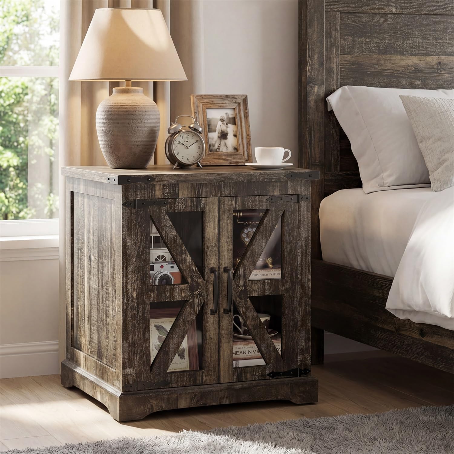 Farmhouse End Table with Glass Barn Door Storage