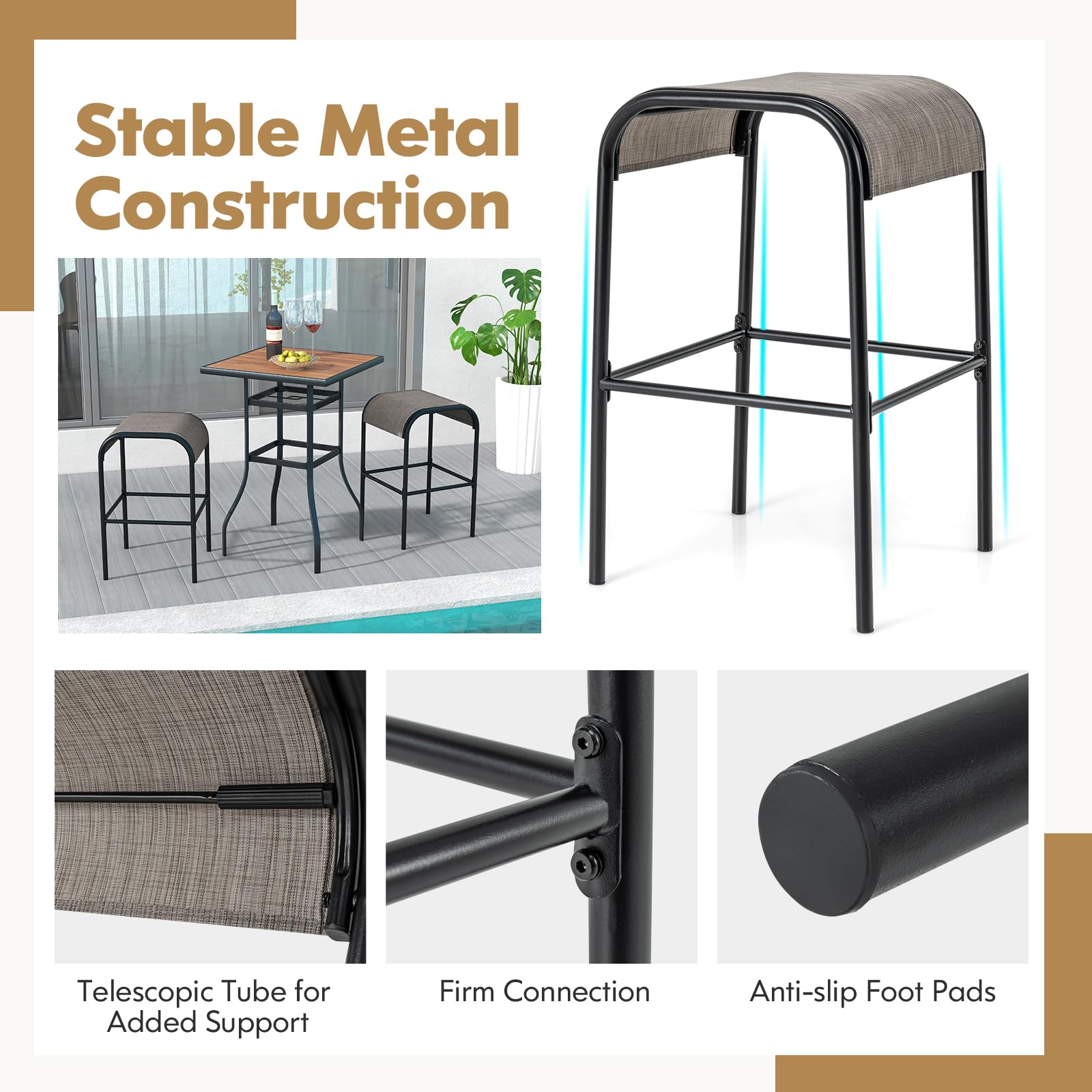 Outdoor Bar Stools with Breathable Fabric Seat & Metal Frame