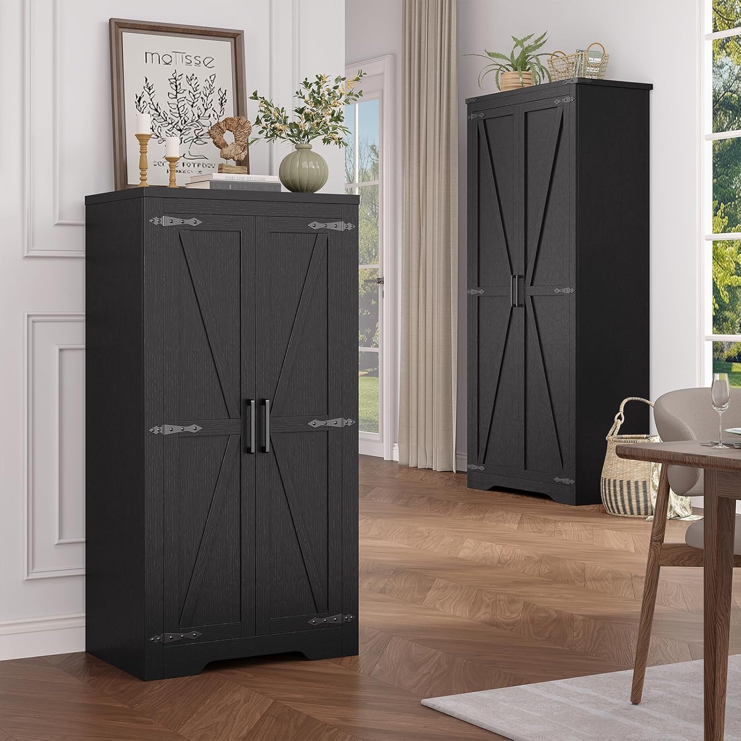 Befrases 47" Kitchen Pantry Cabinet, Farmhouse Kitchen Pantry Storage Cabinets with 2 Door and 2 Adjustable Shelves, Freestanding Cupboard for Dining Room, Living Room, Bathroom (Black)